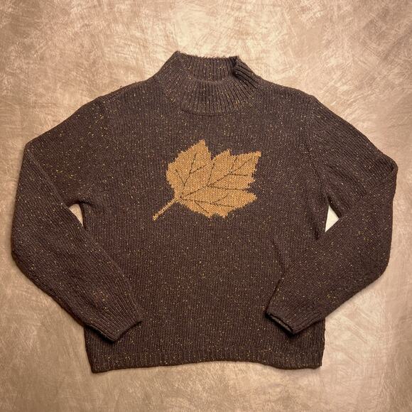 Vintage 90s Norton Studio Fall Leaf Mock Neck Sweater Brown Knit Autumn Foliage - Picture 1 of 6